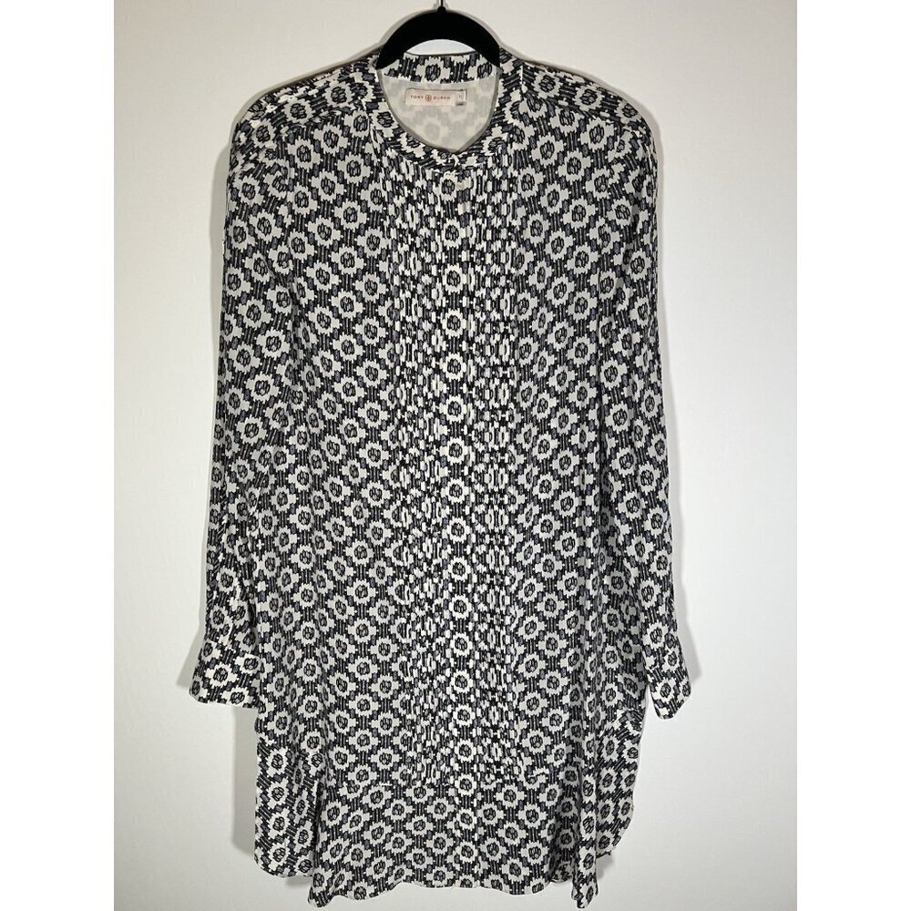 Tory Burch Black and White Floral Print Long Sleeve Dress